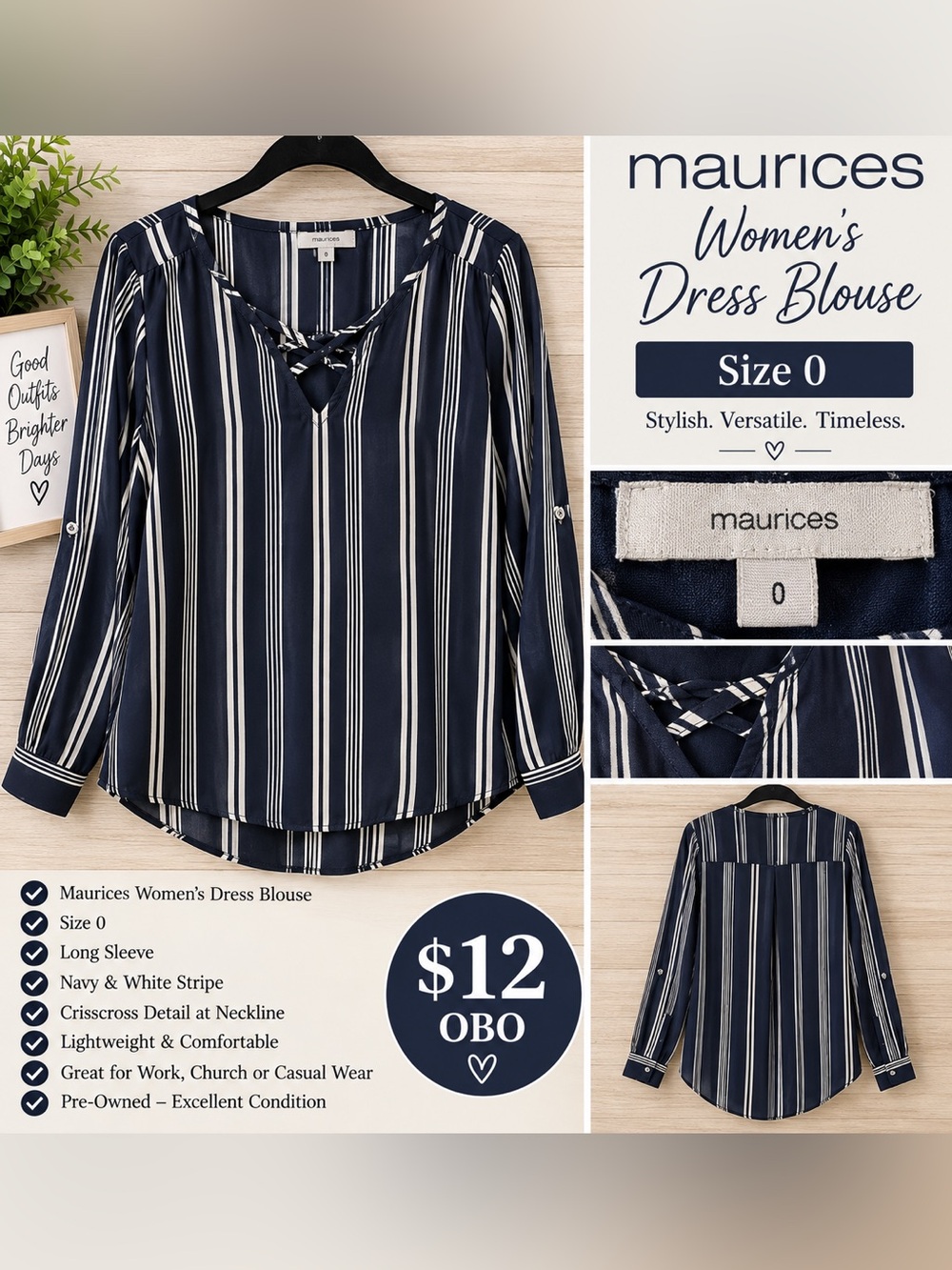 Maurices Navy and White Striped Women's Blouse with Braided V-Neck